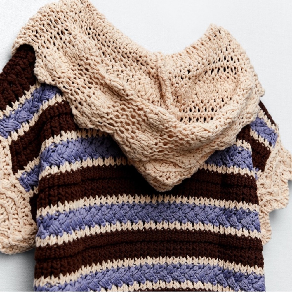 New Zara Crochet Knit Hooded Short Sleeve Sweater - Picture 7 of 8